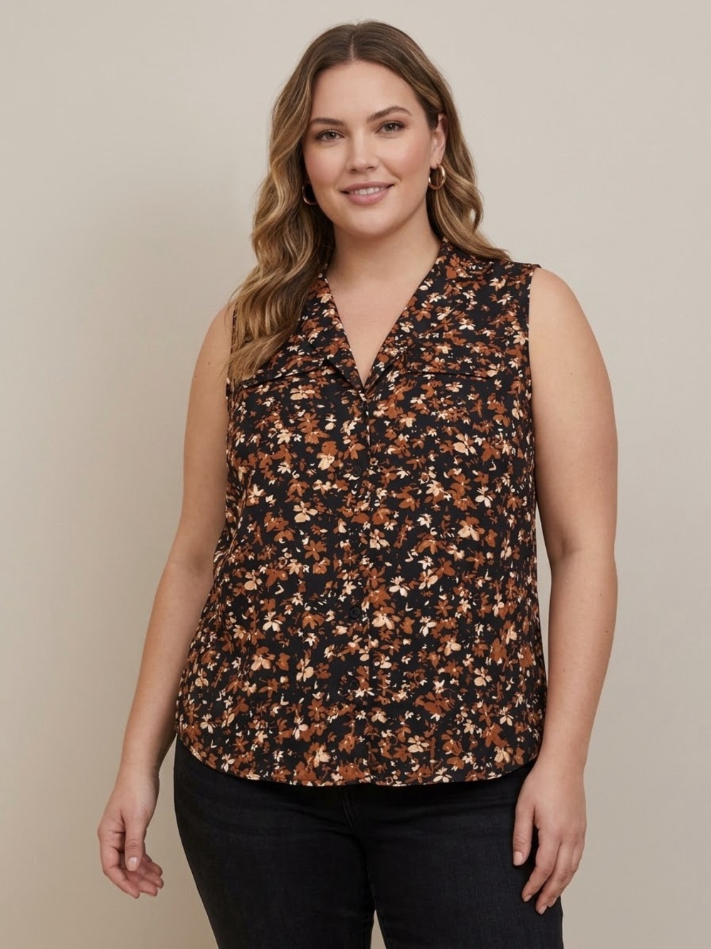Halogen Autumn Floral Sleeveless Collared Button Up